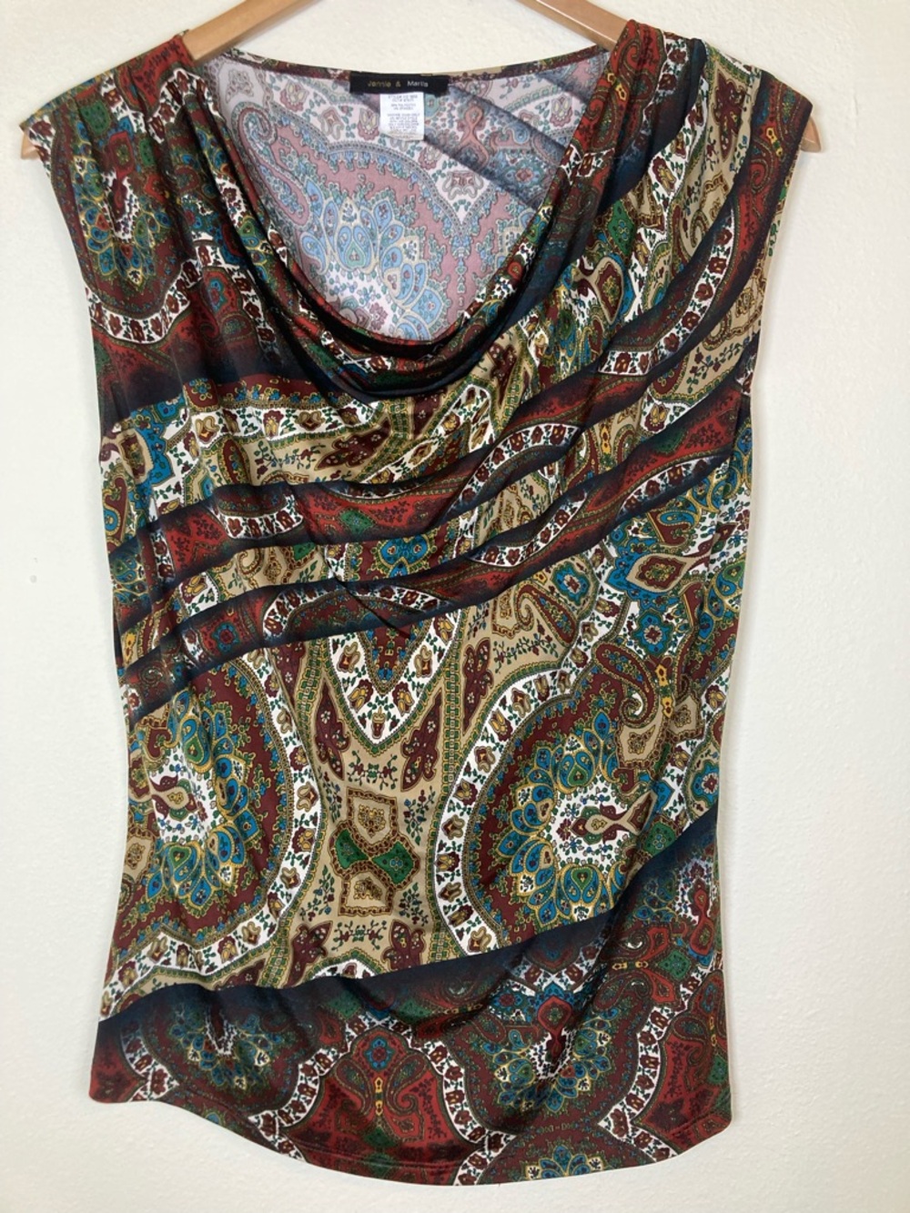Jennie & Marlis Paisley Blouse Medium Boho Draped Neck Stretch Top